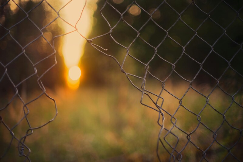 A hole in a chain-link fence is visible, with the blurred light of the setting sun shining through.