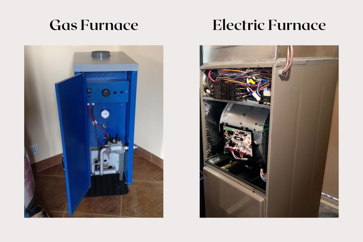 The image presents a visual comparison between a gas furnace and an electric furnace. The gas furnace is blue with visible mechanical parts, while the electric furnace is gray and shows electrical wiring and a blower.