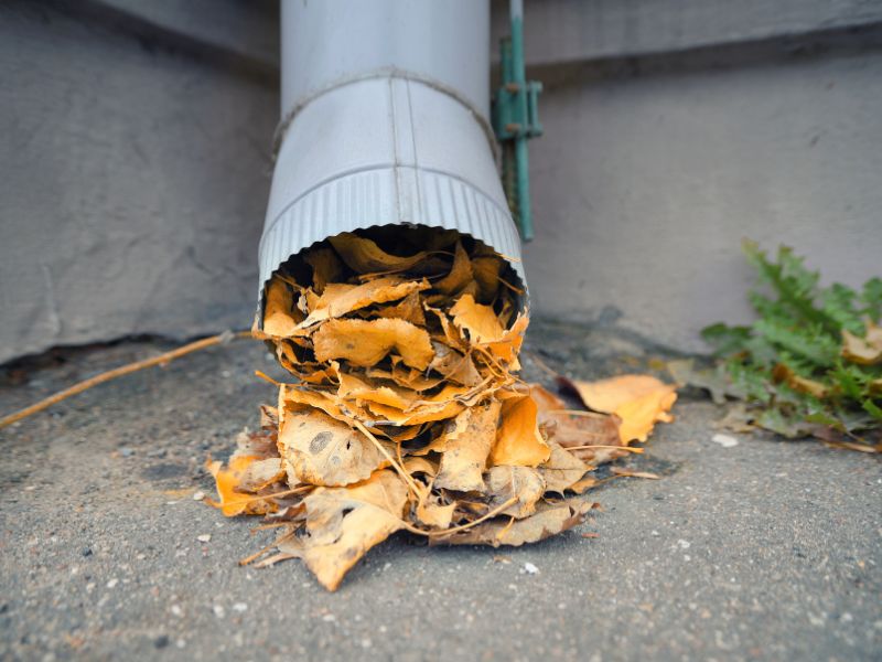 Clogged downspout filled with dry autumn leaves blocking water flow, showing the need for gutter cleaning and seasonal maintenance.