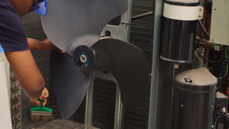 Worker cleaning built up layer of dirt from internal AC components to prevent cooling capacity reduction