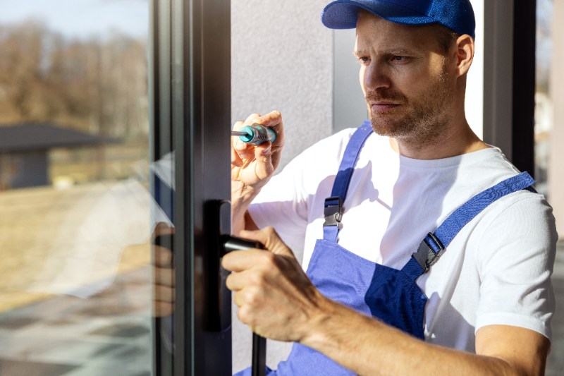 Technician in overalls attaching the handle to a sliding glass door using a screwdriver.

