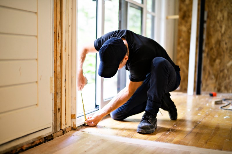 Installer kneeling and using a tape measure to check the width of a rough door opening.
