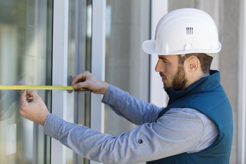 Contractor in hard hat measuring a sliding door frame to check alignment and squareness.
