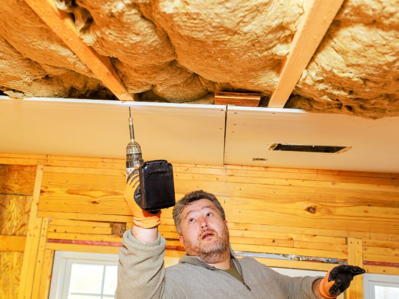 Skilled worker using drill to install drywall over insulation in ceiling of wooden beams during home renovation.