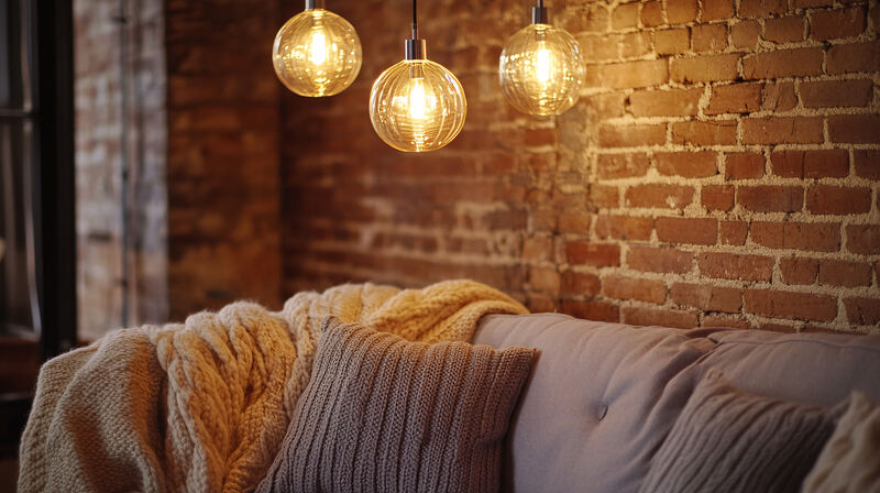 Cozy Living Room Interior with Exposed Brick Wall Knitted Throw and Edison Bulbs.