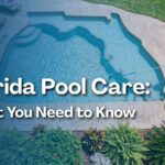 An image with bold white text reading "Florida Pool Care: What's Different, What's Harder, and What You Can Skip" overlaid on an aerial view of a Florida-shaped swimming pool being cleaned by a worker with a pool vacuum, surrounded by tropical landscaping and pool floats.